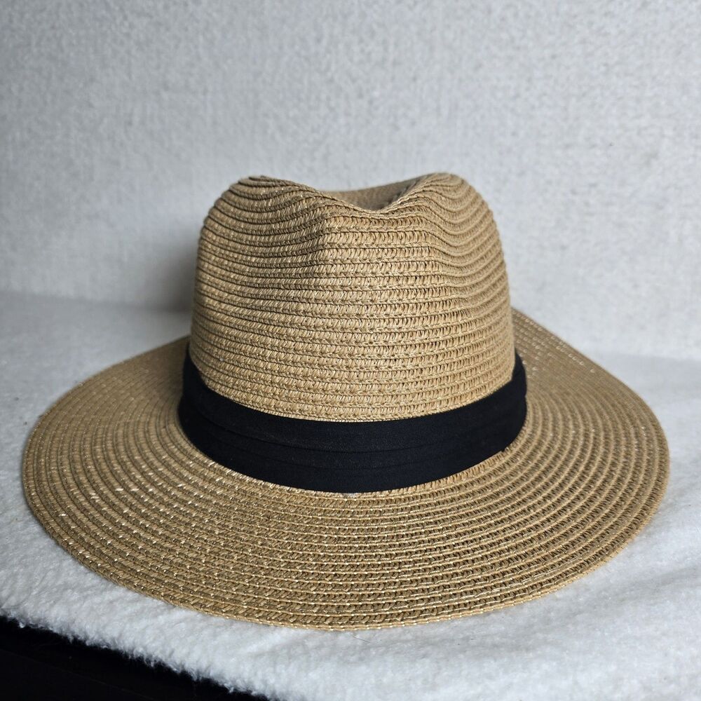 Panama Style Beige Straw Sun Hat Fedora With Black Band